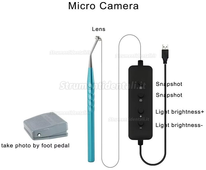 Microcamera intraorale digitale dentale visiva a LED con controllo a pedale